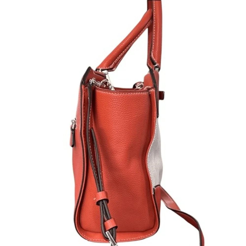 GUESS Satchel Handbag Burnt Orange Canvas Leather Trim Top Handle Crossbody Bag‎